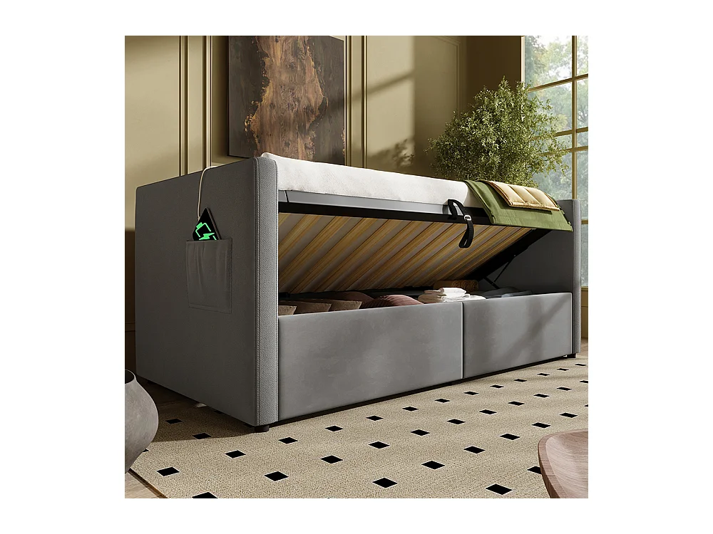 Lit coffre rembourré 90x200 canapé-lit simple avec espace de rangement hydraulique et station de recharge USB et Type-C lit en bois velours gris