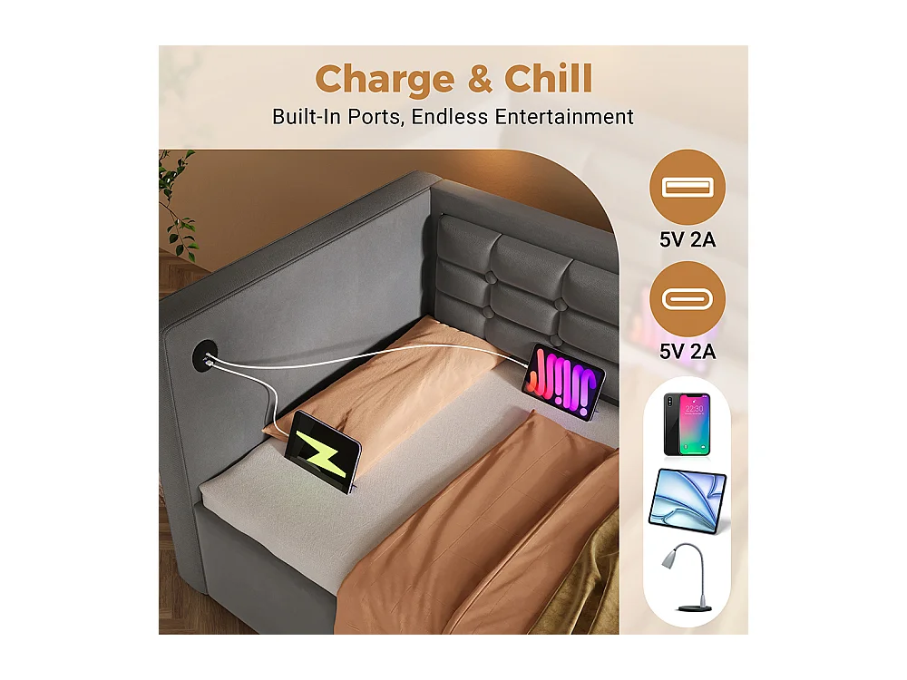 Lit coffre rembourré 90x200 canapé-lit simple avec espace de rangement hydraulique et station de recharge USB et Type-C lit en bois velours gris