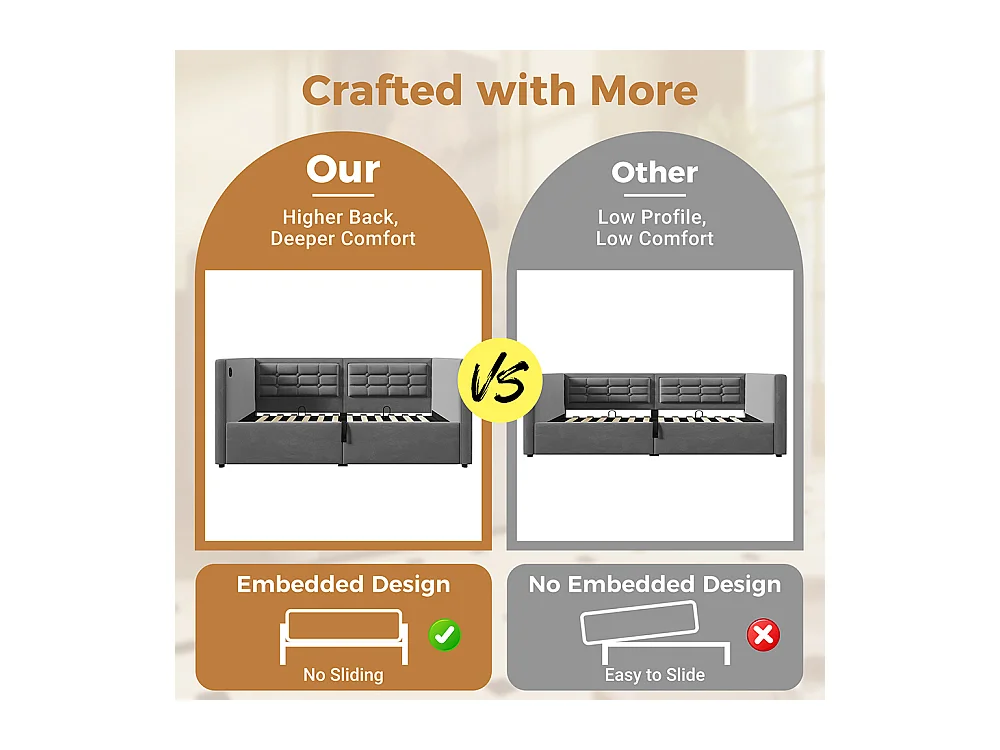 Lit coffre rembourré 90x200 canapé-lit simple avec espace de rangement hydraulique et station de recharge USB et Type-C lit en bois velours gris