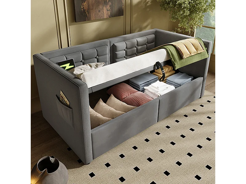 Lit coffre rembourré 90x200 canapé-lit simple avec espace de rangement hydraulique et station de recharge USB et Type-C lit en bois velours gris