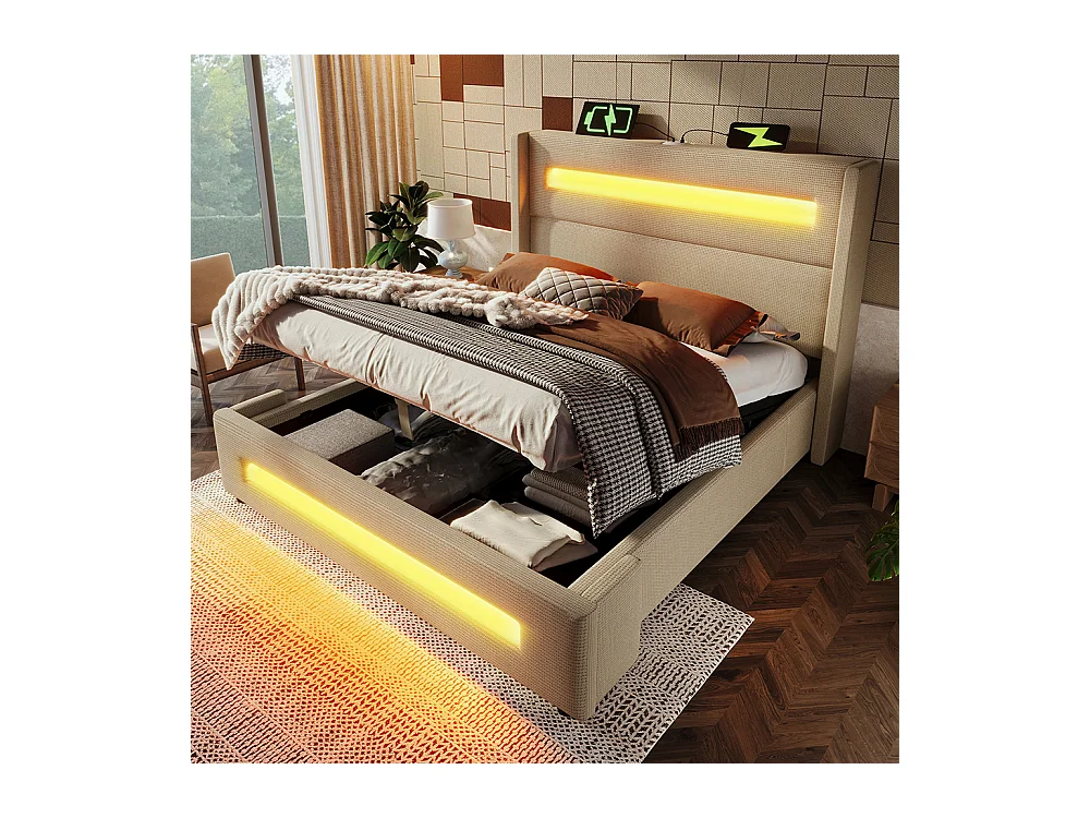 Lit coffre rembourré 180x200 avec LED lit avec espace de rangement hydraulique et recharge USB Type-C cadre de lit en métal lin beige