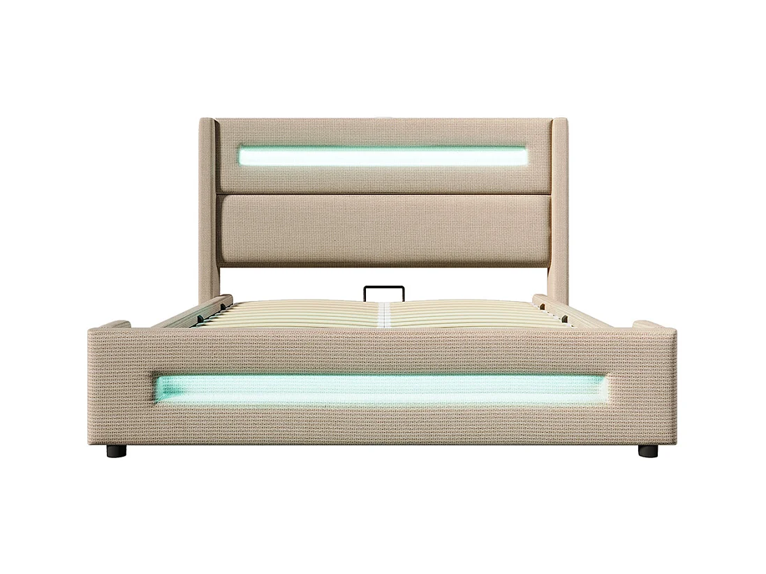 Lit coffre rembourré 180x200 avec LED lit avec espace de rangement hydraulique et recharge USB Type-C cadre de lit en métal lin beige