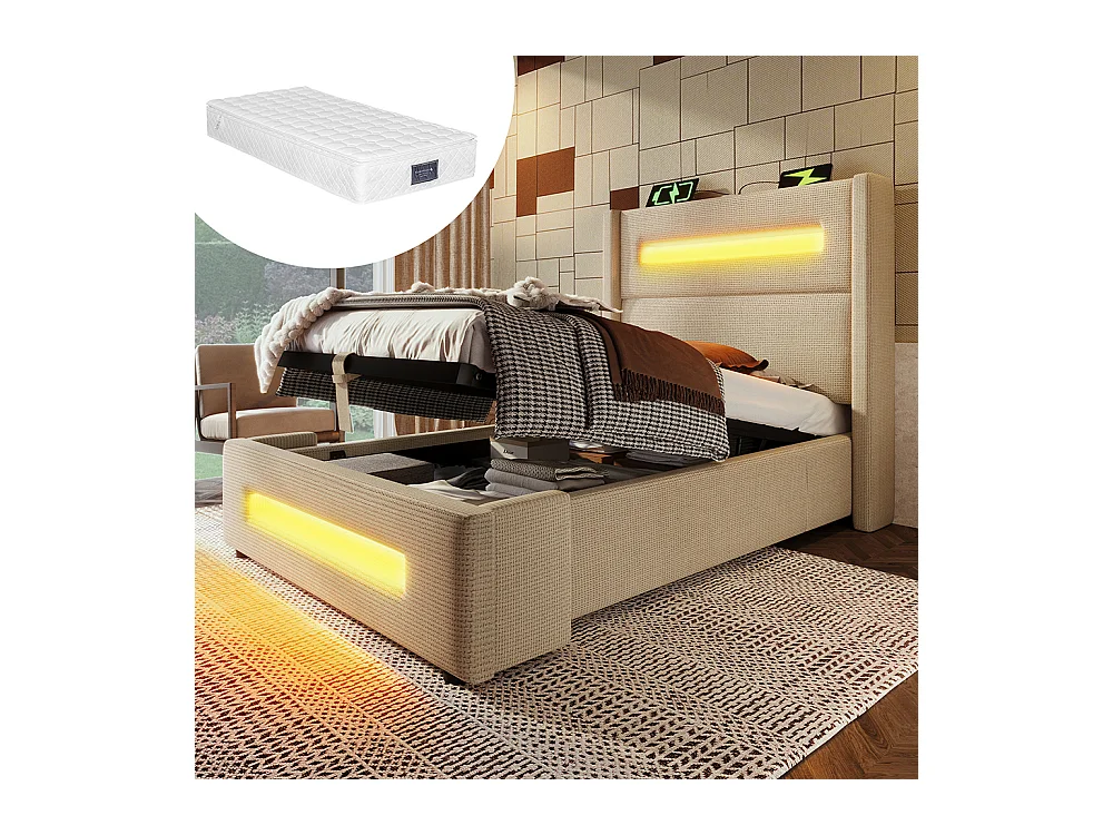 Lit coffre rembourré 90x200 avec LED lit avec espace de rangement hydraulique et recharge USB Type-C cadre de lit en métal lin beige avec matelas