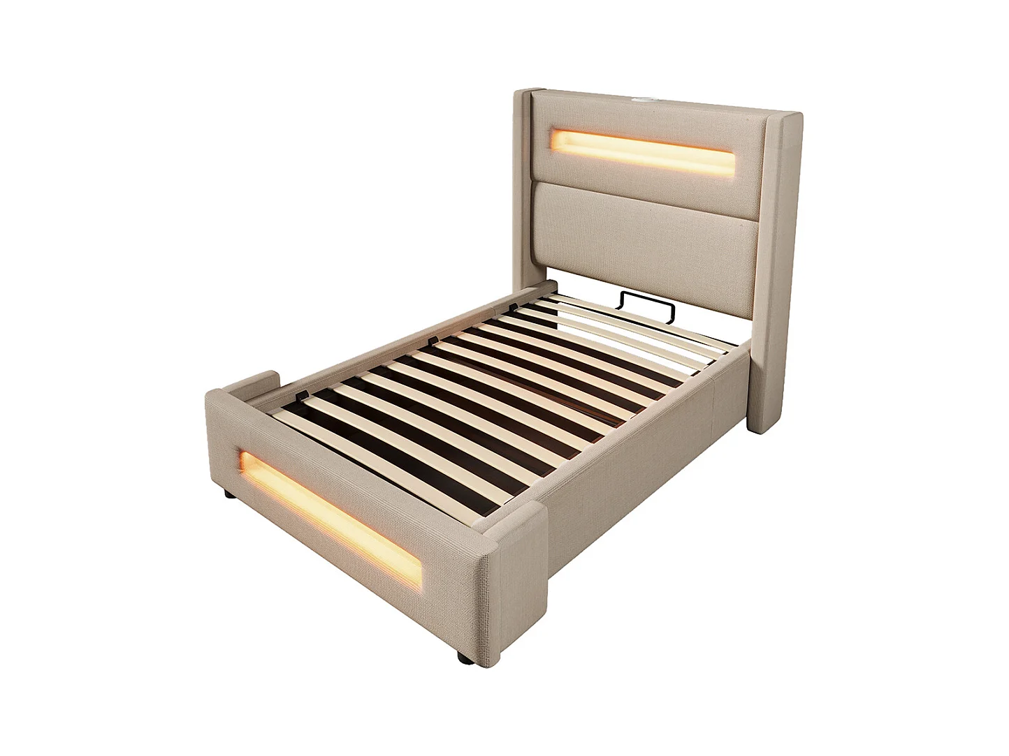 Lit coffre rembourré 90x200 avec LED lit avec espace de rangement hydraulique et recharge USB Type-C cadre de lit en métal lin beige avec matelas