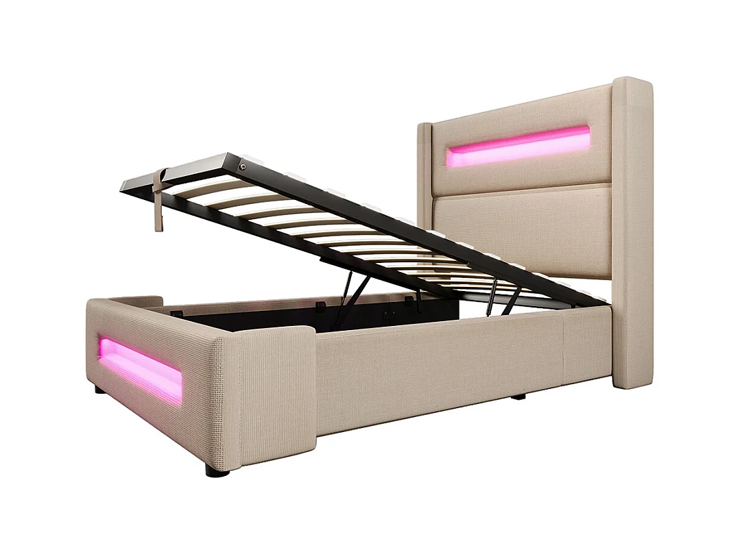 Lit coffre rembourré 90x200 avec LED lit avec espace de rangement hydraulique et recharge USB Type-C cadre de lit en métal lin beige avec matelas