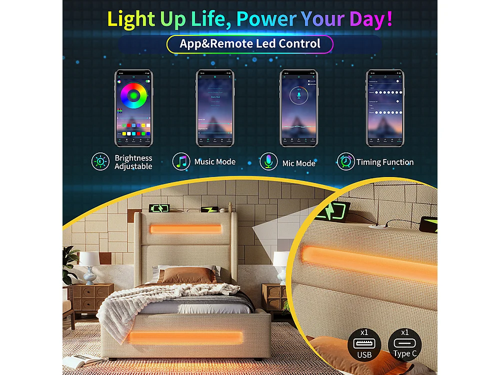 Lit coffre rembourré 90x200 avec LED lit avec espace de rangement hydraulique et recharge USB Type-C cadre de lit en métal lin beige avec matelas