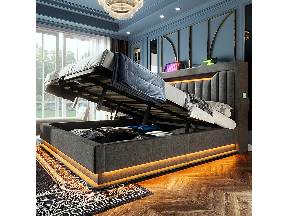 Opbergbed 180x200 hoofdeinde met opbergruimte en USB- en Type-C-poorten LED-verlichting aan het hoofdeinde en voeteneinde van het bed grijs linnen