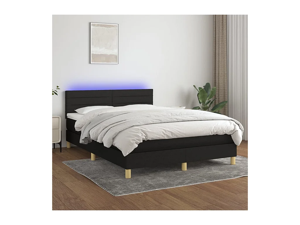 Cama box spring colchón y luces LED tela negro 140x200 cm