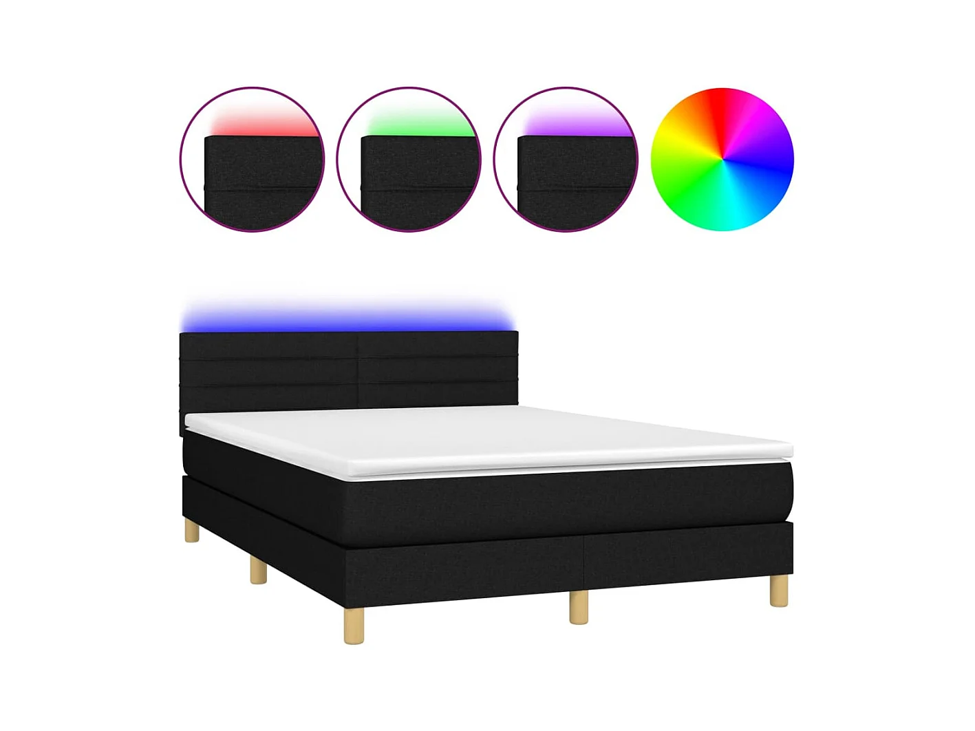 Cama box spring colchón y luces LED tela negro 140x200 cm