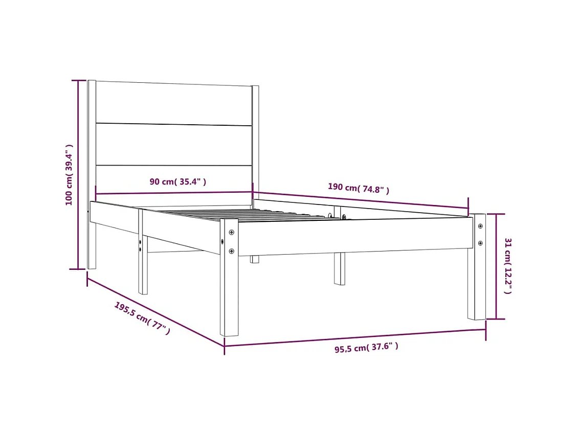 Bedframe massief hout 90x190 cm
