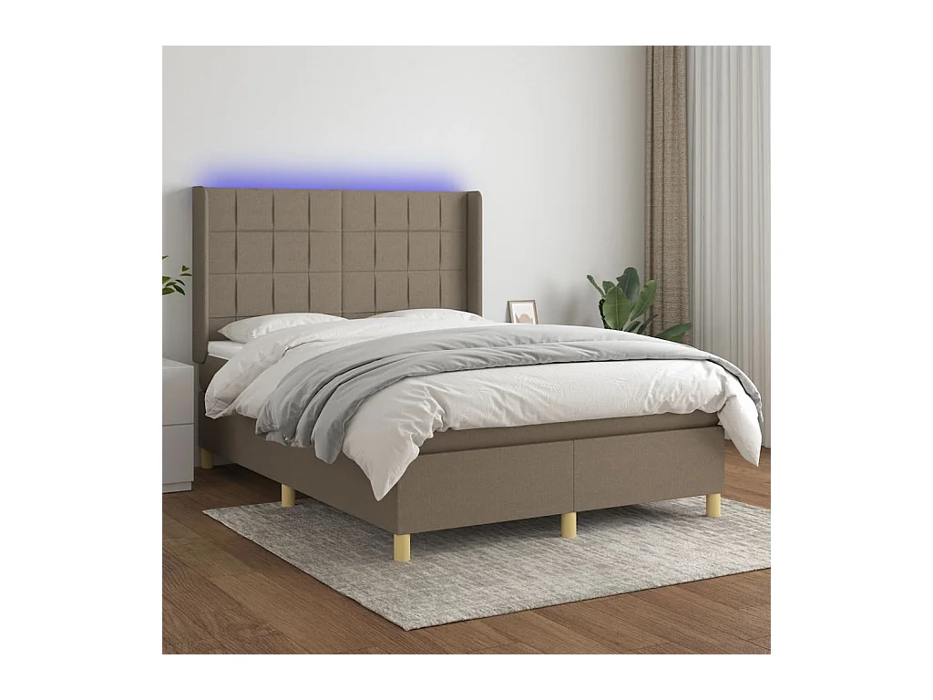 Cama box spring colchón y luces LED tela gris taupe 140x190 cm