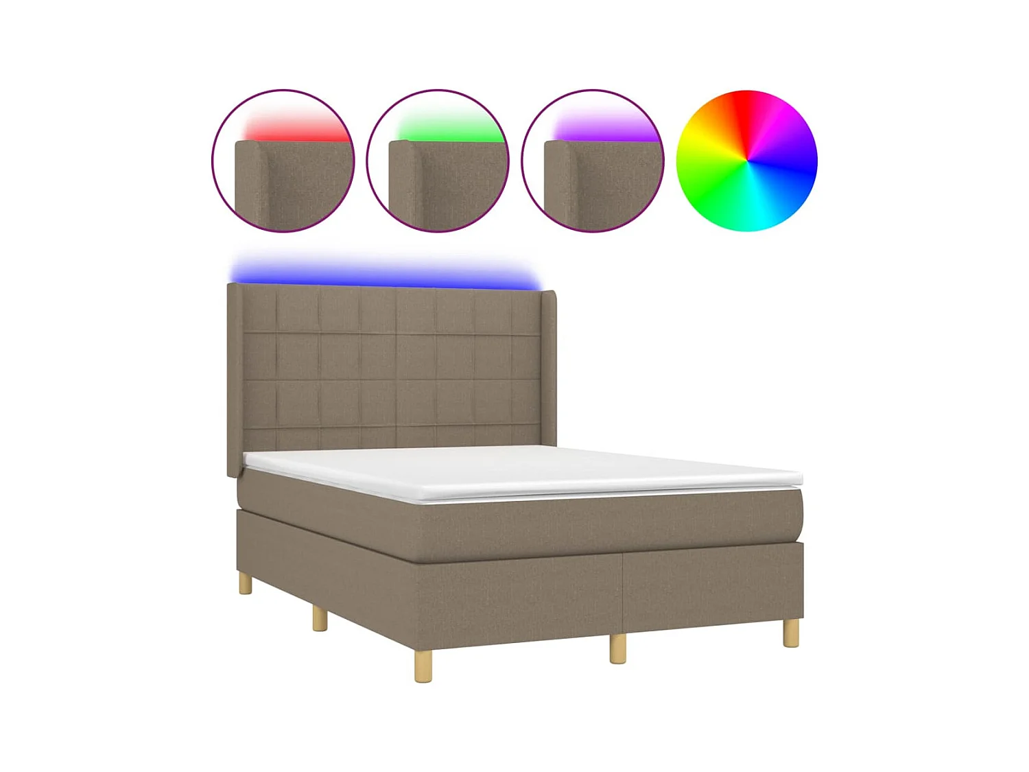 Cama box spring colchón y luces LED tela gris taupe 140x190 cm