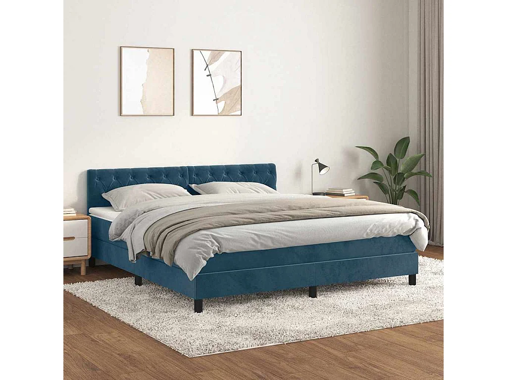 Sommier à lattes de lit et matelas Bleu foncé 160x200cm Velours