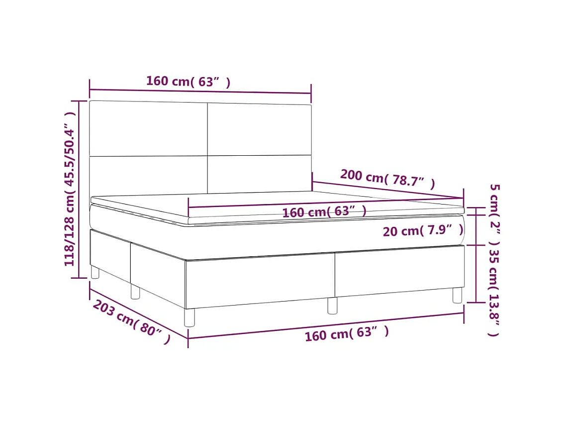 Cama box spring c/ colchão e LED 160x200 cm tecido azul