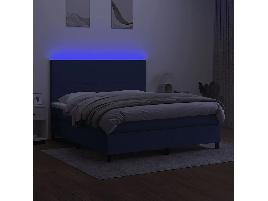 Sommier à lattes de lit et matelas et LED Bleu 160x200 cm Tissu