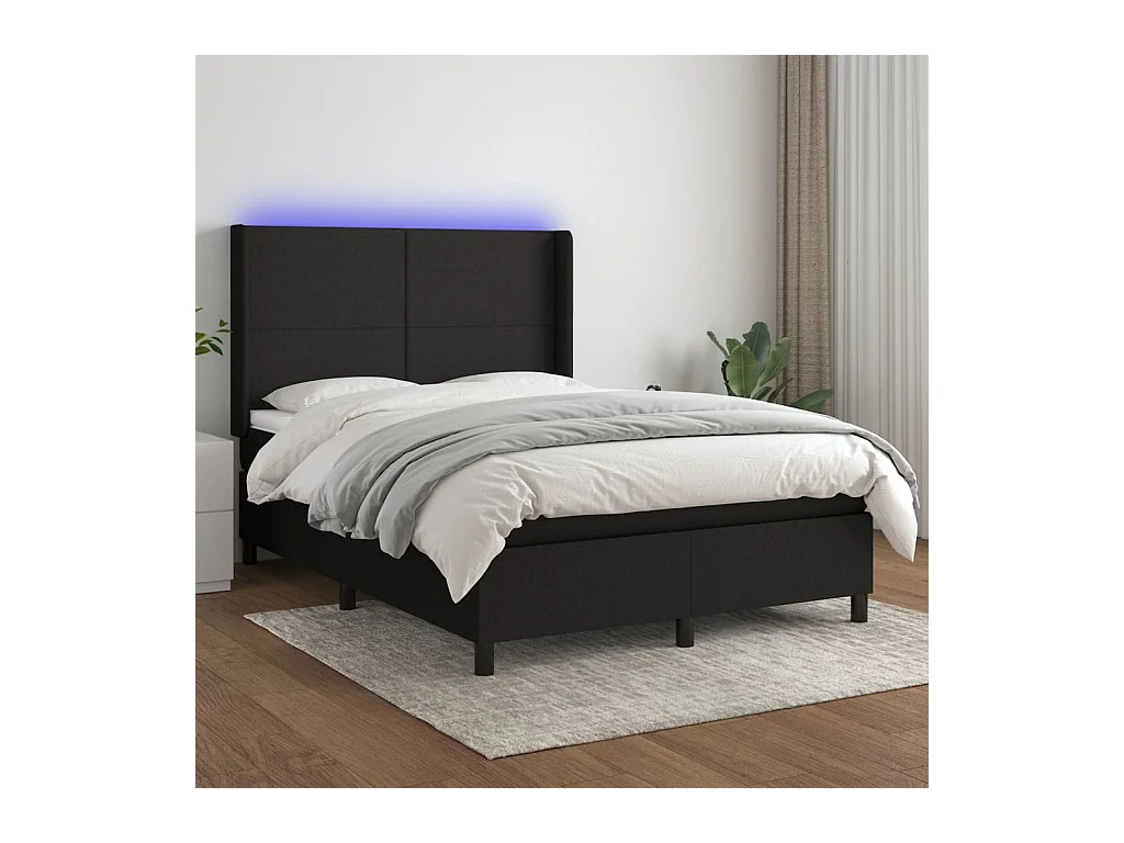 Cama box spring c/ colchão e LED 140x190 cm tecido preto