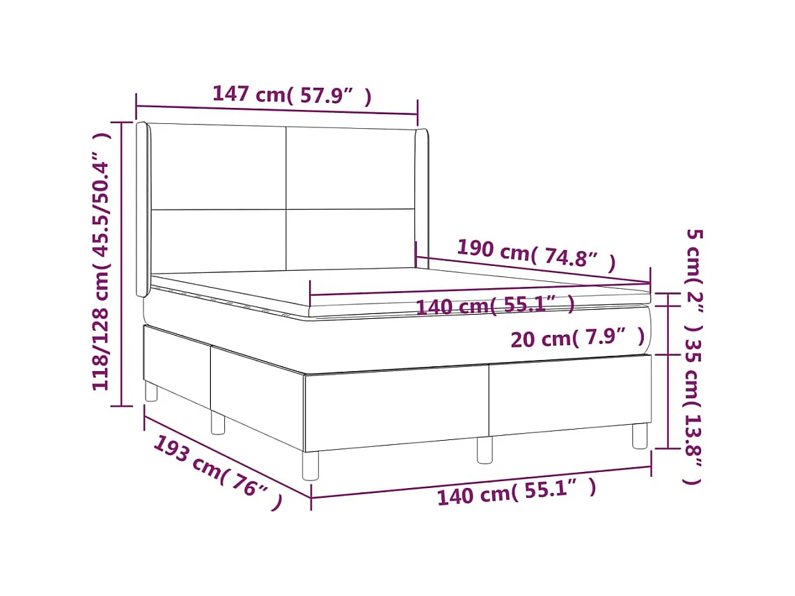 Cama box spring c/ colchão e LED 140x190 cm tecido preto