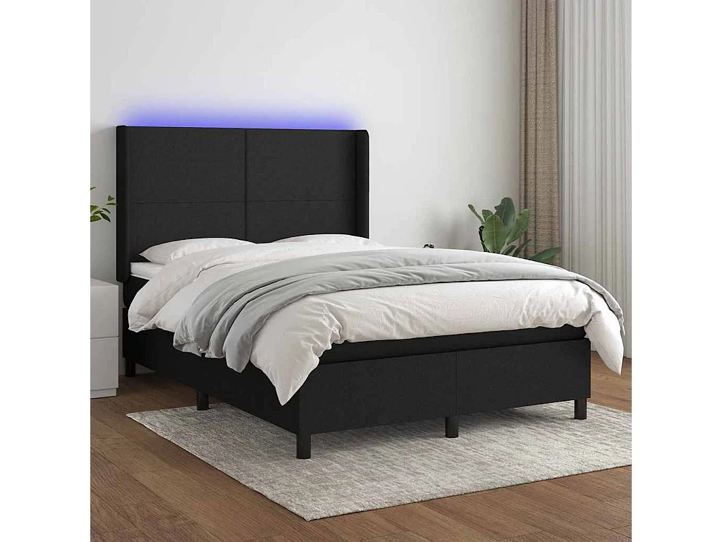 Letto a Molle con Materasso e LED Nero 140x190 cm in Tessuto