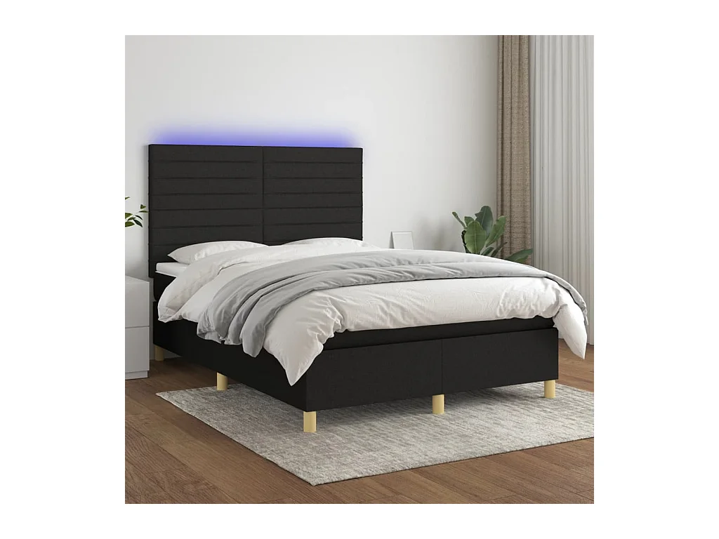 Cama box spring c/ colchão e LED 140x190 cm tecido preto