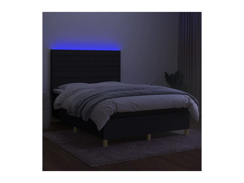 Cama box spring c/ colchão e LED 140x190 cm tecido preto