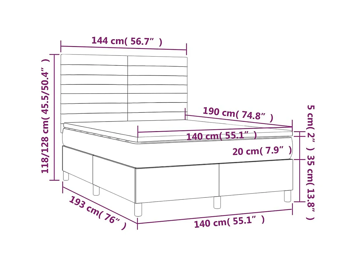 Cama box spring c/ colchão e LED 140x190 cm tecido preto