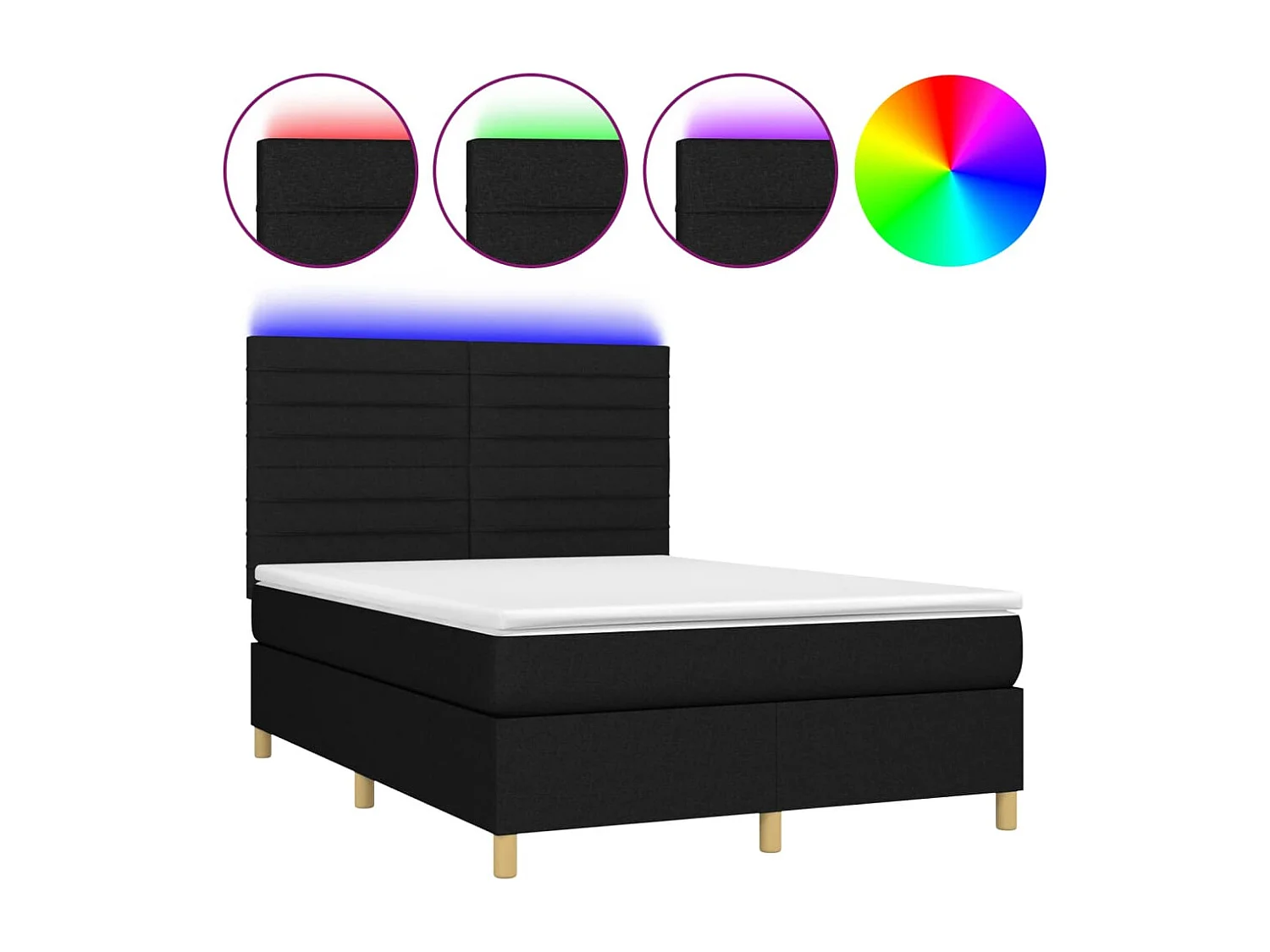 Cama box spring c/ colchão e LED 140x190 cm tecido preto