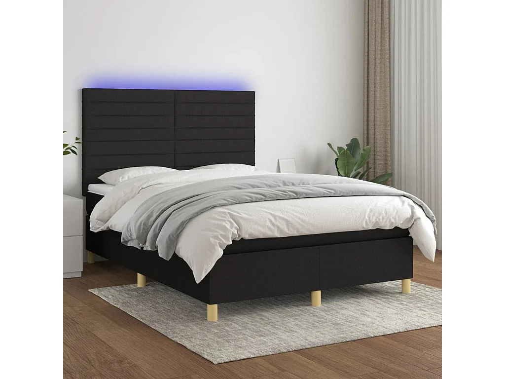 Cama box spring c/ colchão e LED 140x190 cm tecido preto