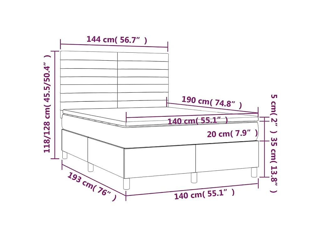 Cama box spring c/ colchão e LED 140x190 cm tecido preto