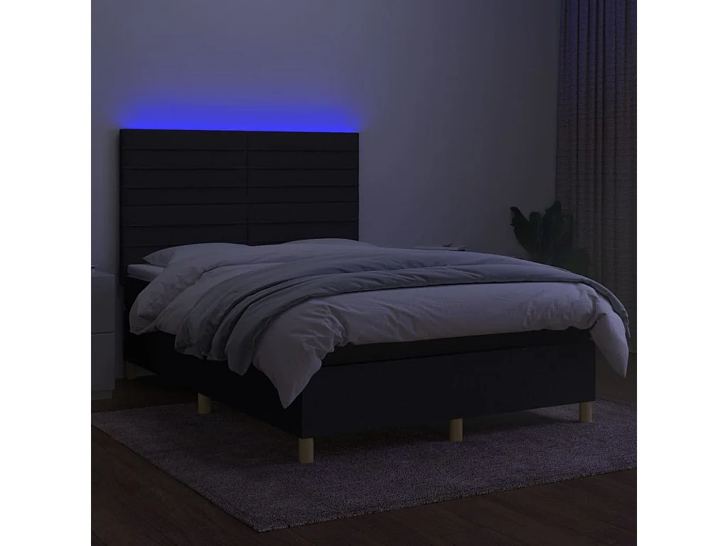 Cama box spring c/ colchão e LED 140x190 cm tecido preto