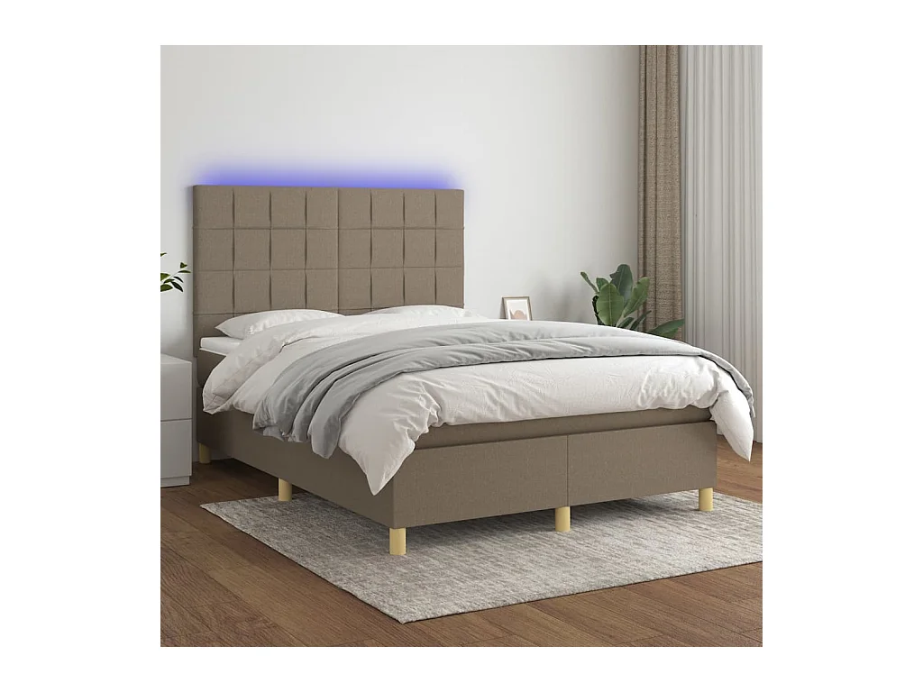 Cama box spring colchón y luces LED tela gris taupe 140x190 cm