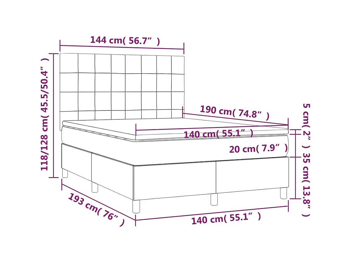 Cama box spring colchón y luces LED tela gris taupe 140x190 cm