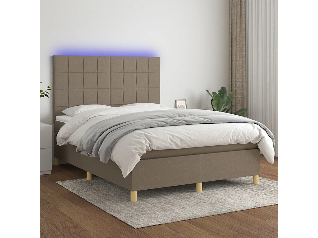 Letto a Molle con Materasso e LED Tortora 140x190 cm in Tessuto
