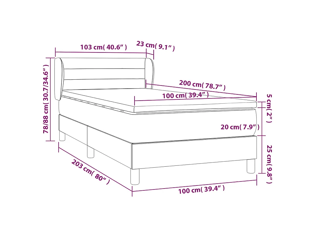 Cama box spring con colchón terciopelo negro 100x200 cm