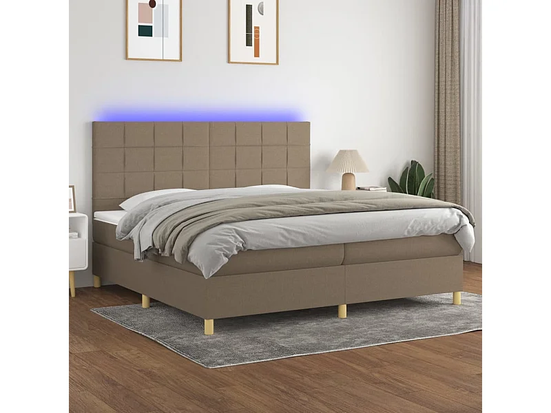 Cama box spring colchón y luces LED tela gris taupe 200x200 cm