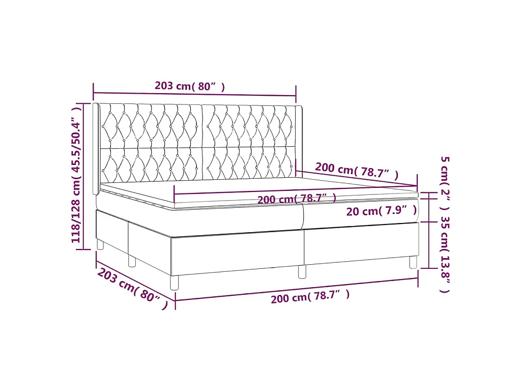 Letto a Molle Materasso e LED tortora 200x200cm in Tessuto