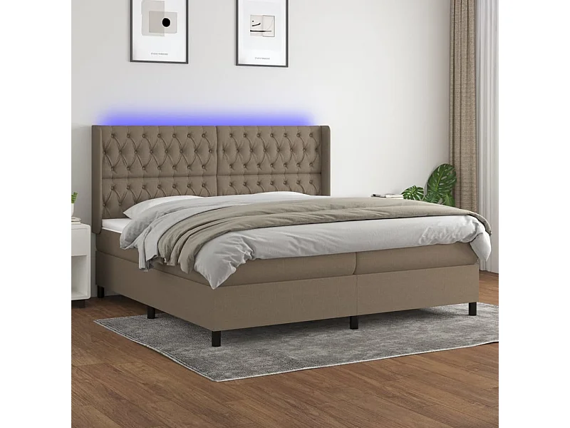 Letto a Molle Materasso e LED tortora 200x200cm in Tessuto