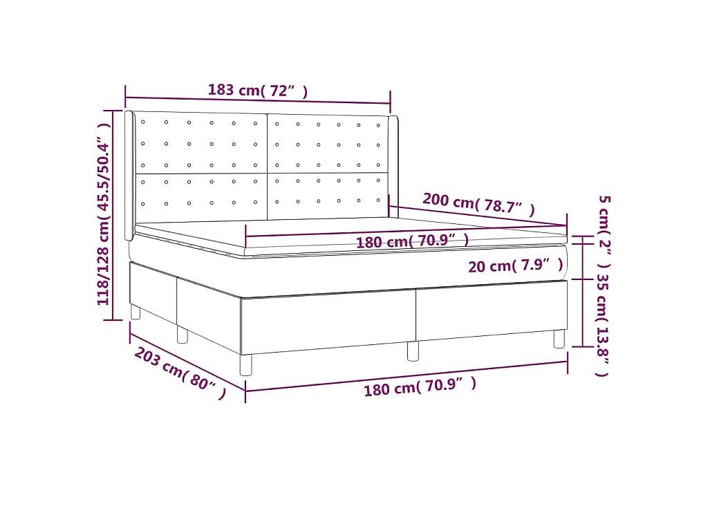 Cama box spring colchón y luces LED tela gris taupe 180x200 cm