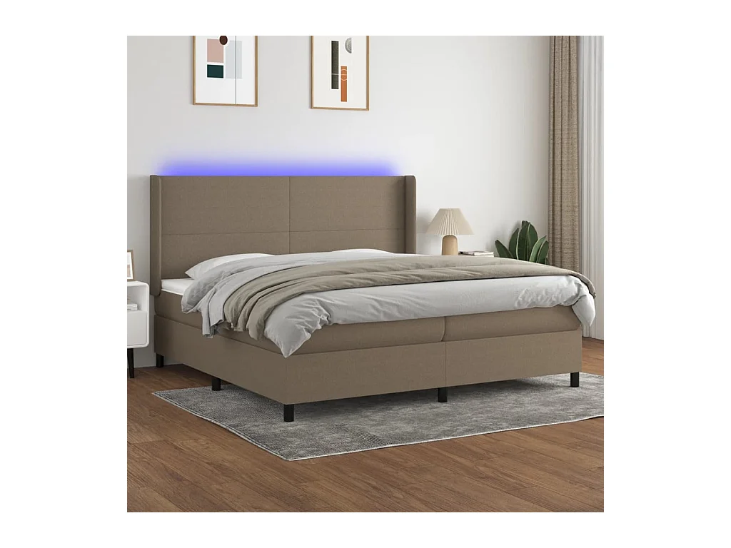 Cama box spring colchón y luces LED tela gris taupe 200x200 cm
