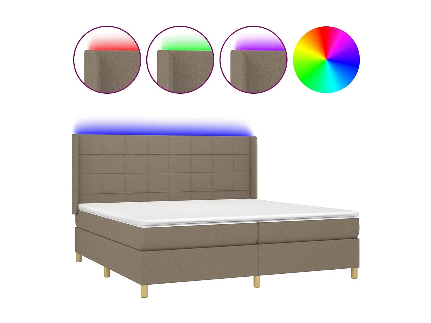 Letto a Molle Materasso e LED tortora 200x200cm in Tessuto