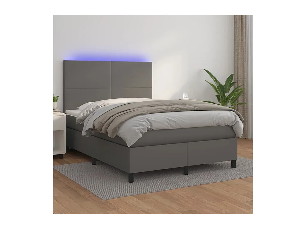 Cama box spring c/ colchão/LED 140x190cm couro artificial cinza