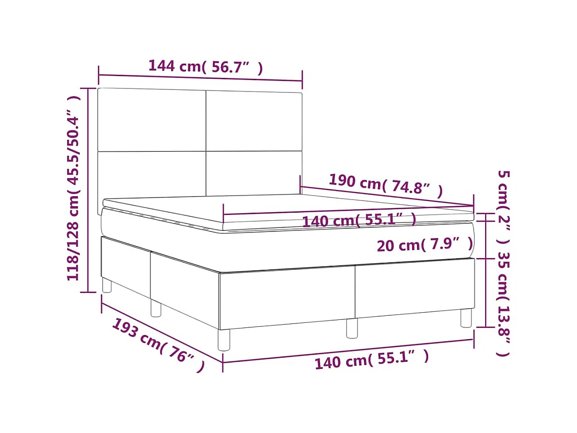 Cama box spring c/ colchão/LED 140x190cm couro artificial cinza
