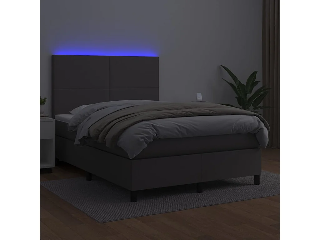 Cama box spring c/ colchão/LED 140x190cm couro artificial cinza