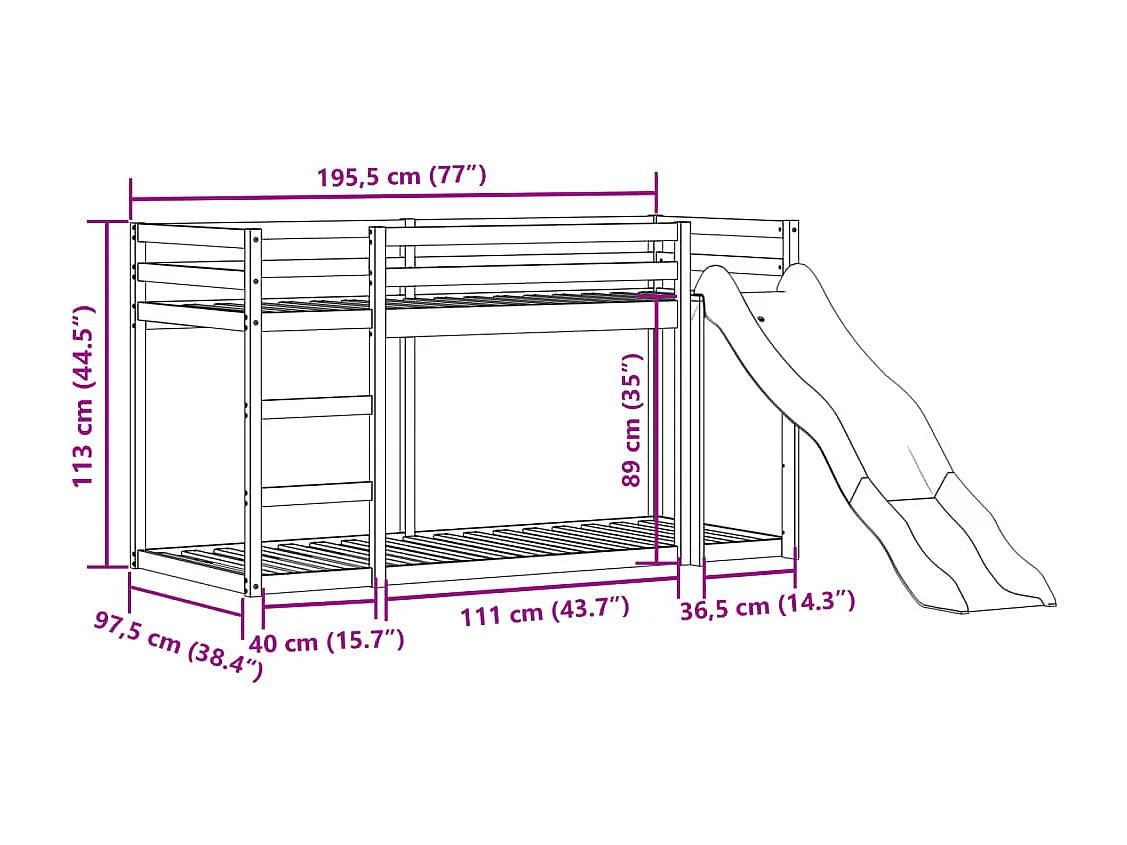 Lit superposé avec toboggan et échelle sans matelas 90x190 cm