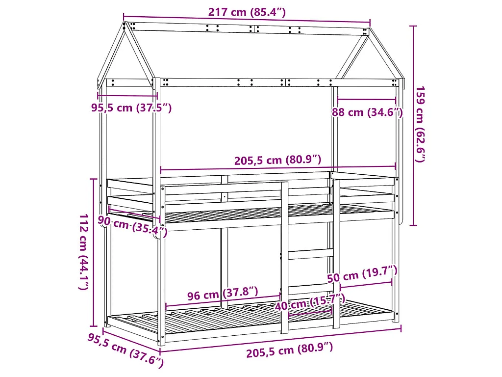 Etagenbett ohne Matratze 90x200 cm Massivholz Kiefer