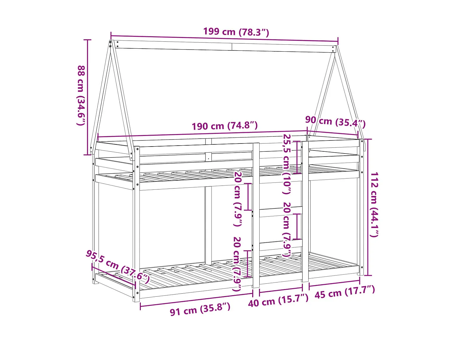Lit superposé sans matelas 90x190 cm bois de pin massif