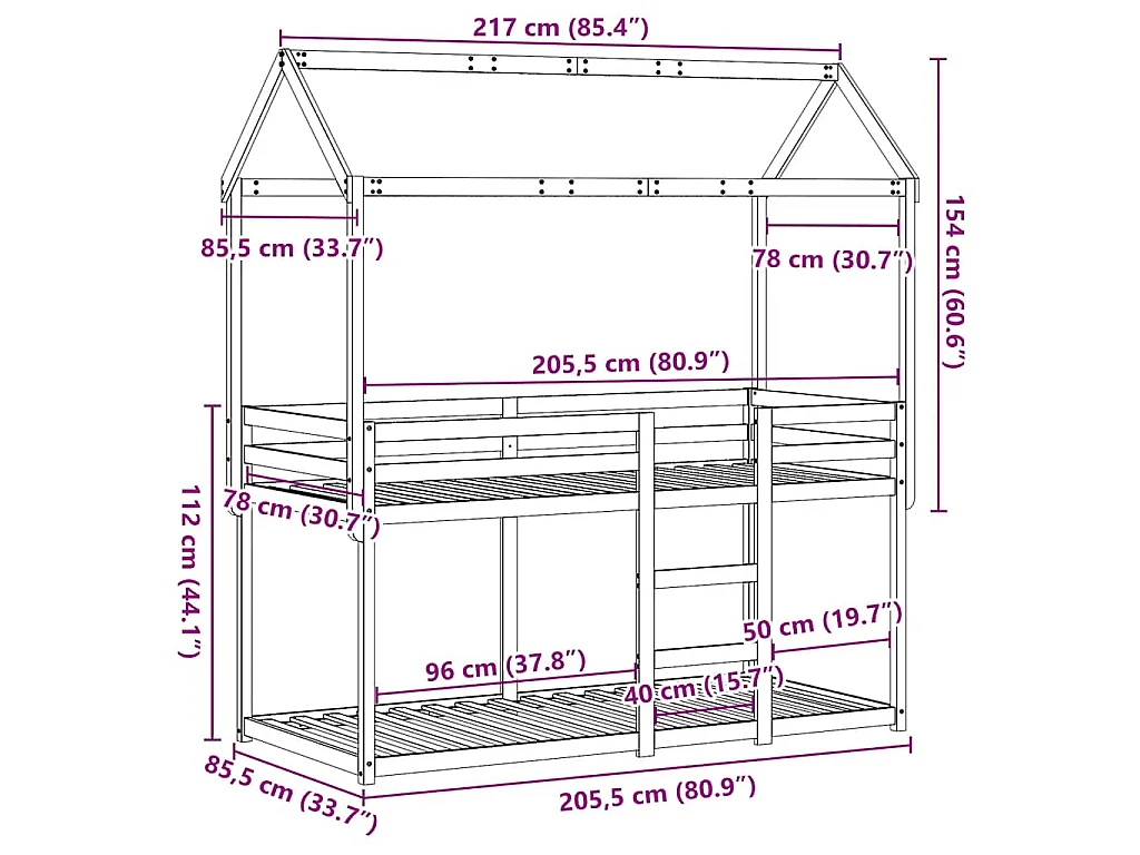 Etagenbett mit Dach Wachsbraun 80x200 cm Massivholz Kiefer