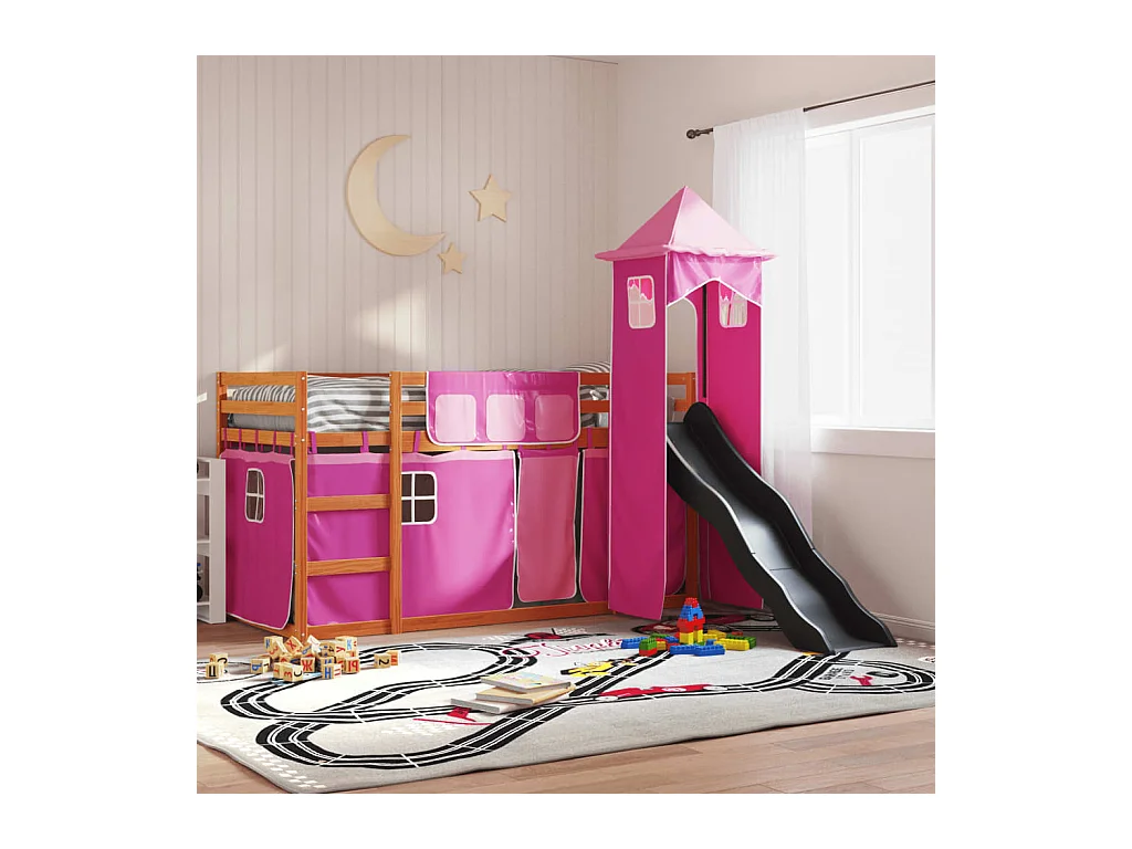 Stapelbed met glijbaan en gordijnen roze 90x200 cm