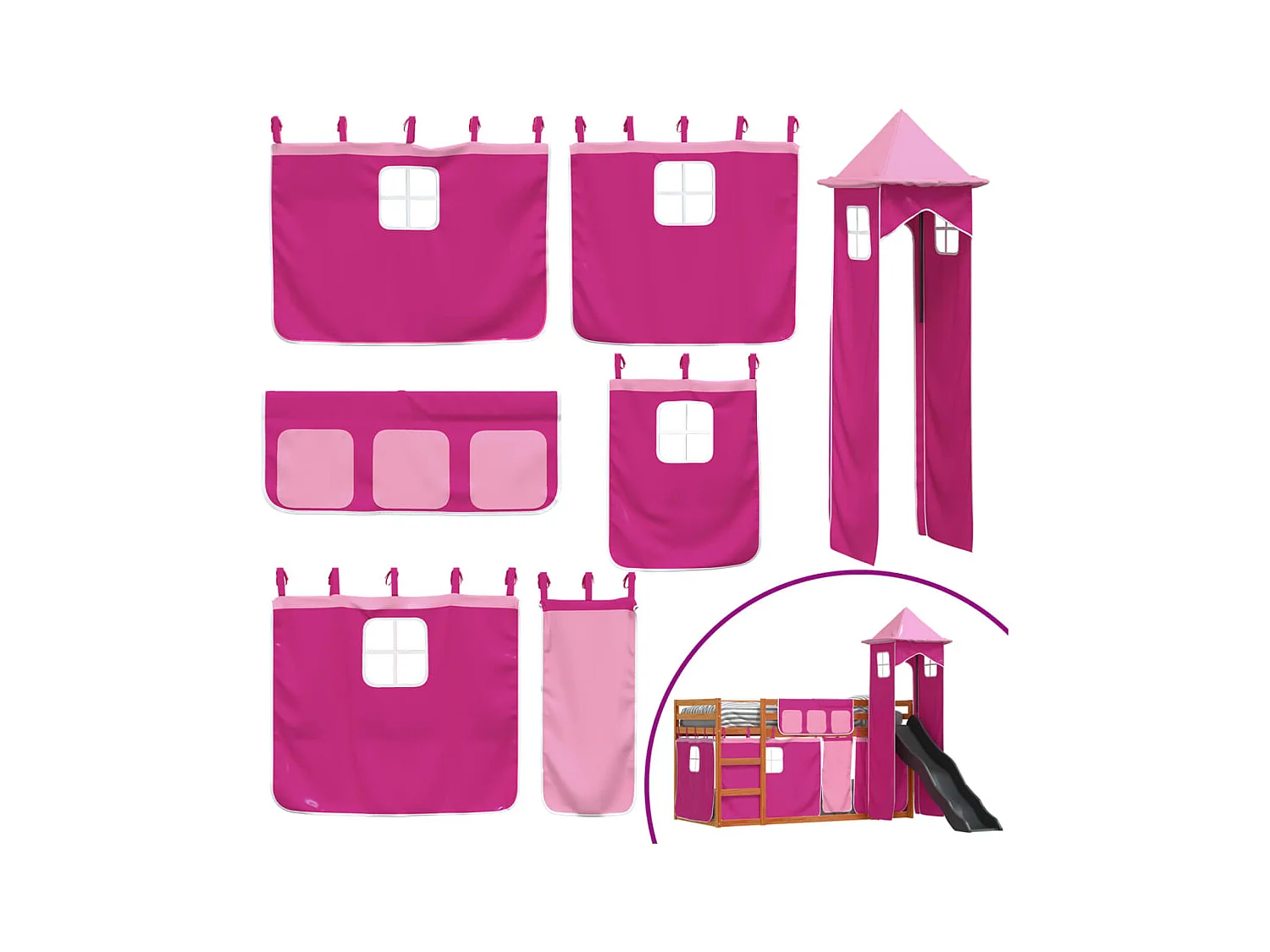 Stapelbed met glijbaan en gordijnen roze 90x200 cm