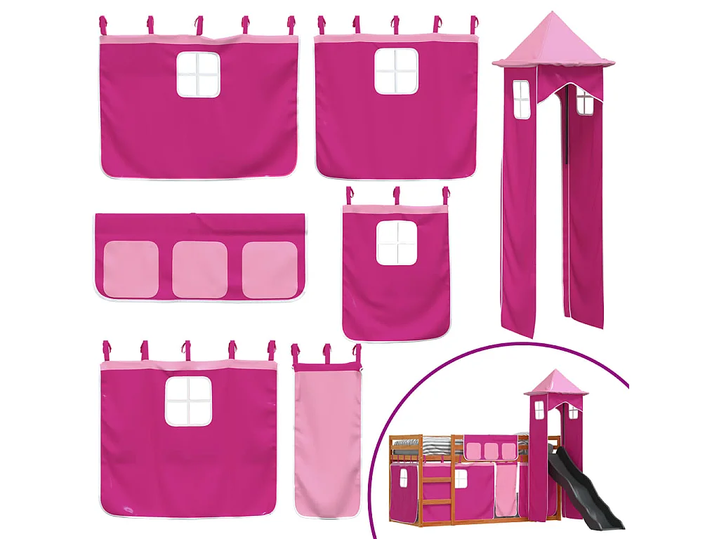 Stapelbed met glijbaan en gordijnen roze 90x200 cm