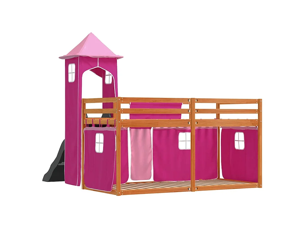 Stapelbed met glijbaan en gordijnen roze 90x200 cm
